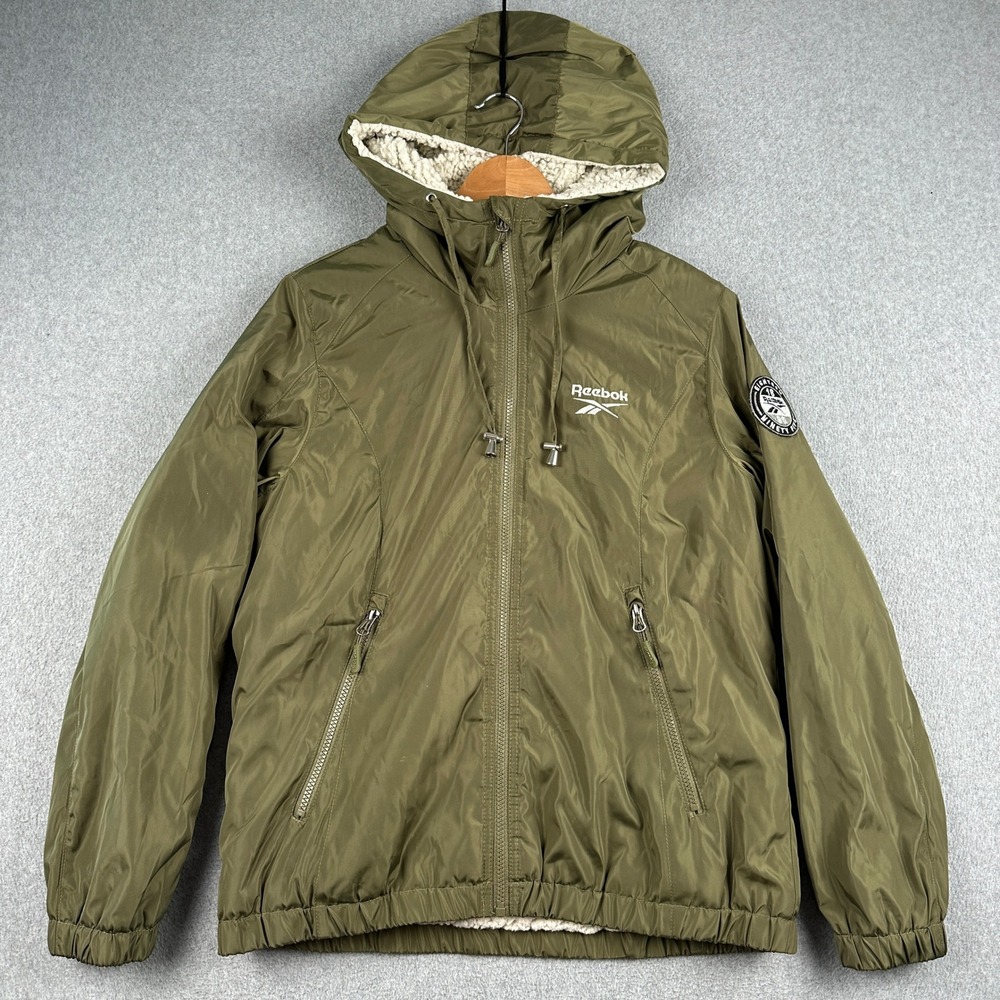 Reebok Jacket Womens Medium Eighteen Ninety Five Olive Green Sherpa Lined Hooded